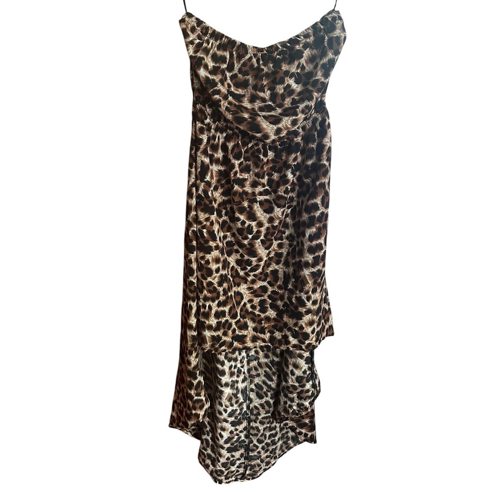Ambiance Apparel Leopard Print Strapless High-Low Dress Brown Small